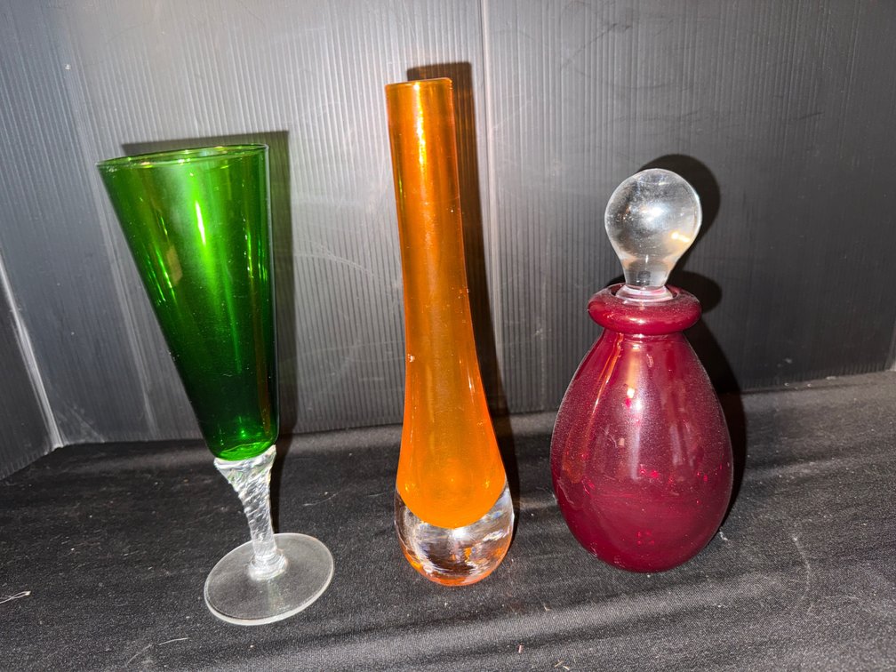 Colored Glass Goblet, Bud Vase, and Bottle with Stopper