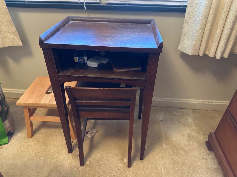 Dark Wood Desk, Matching Chair, and Step Stool