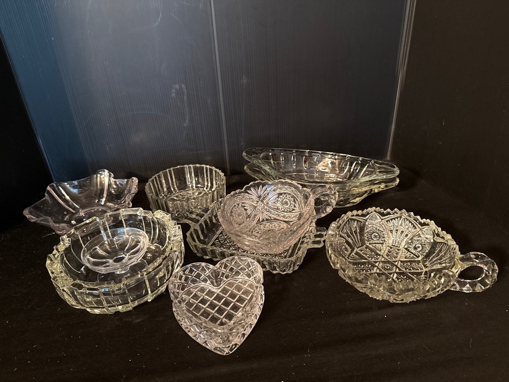 Clear Pressed and Cut Glass Tableware, Dishes, and Trays
