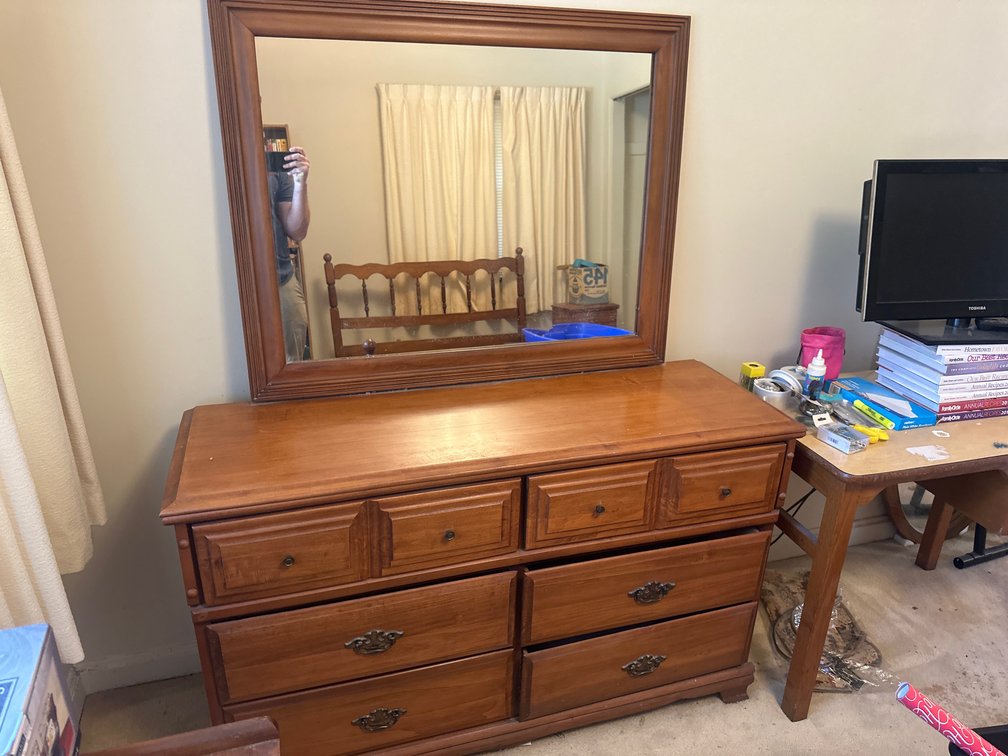 Wood Six-Drawer Dresser with Framed Mirror