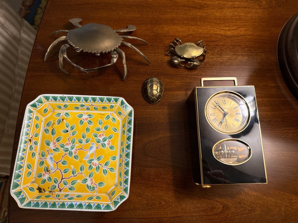 Table Lamp, Mantel Clock, Porcelain Dish, and Brass Figurines