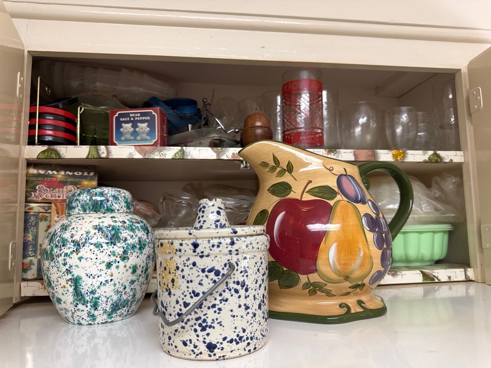 Ceramic Pitcher, Spatterware Jars, Glassware