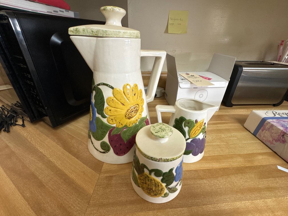 M.F.T. Ceramic Pitcher, Creamer, and Sugar Bowl Set