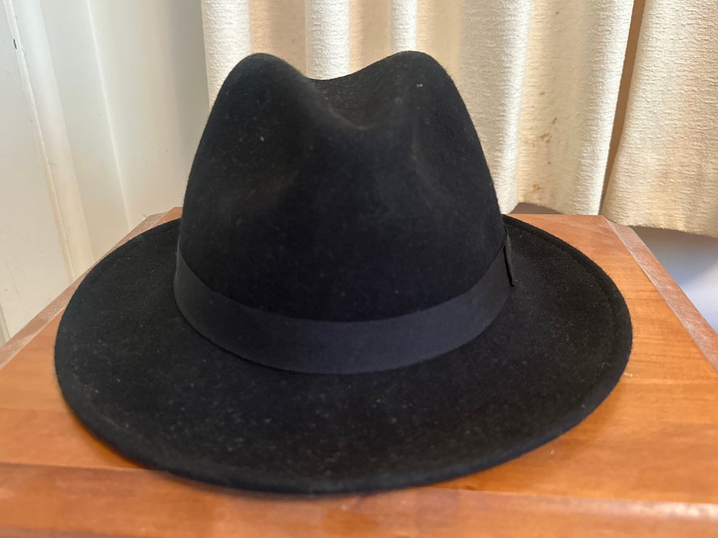 Black Wool Felt Wide-Brim Fedora Hat, Size L