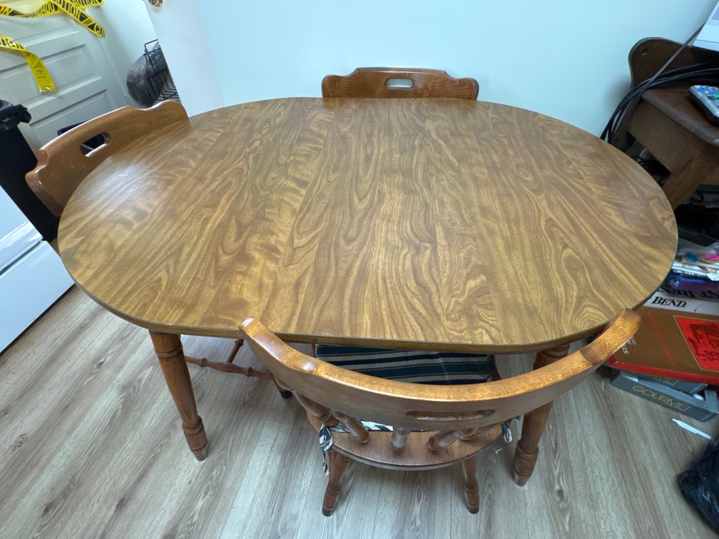 Wooden Dining Table & Spindle-Back Chairs
