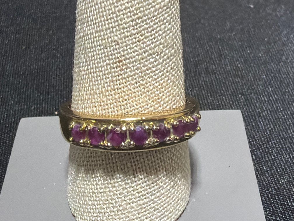 Gold-Tone Sterling Silver Band Ring with Ruby Gemstones