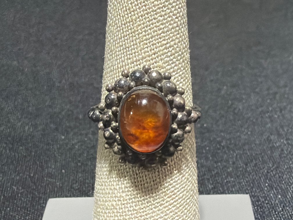 Sterling Silver Amber Cabochon Beaded Cluster Ring