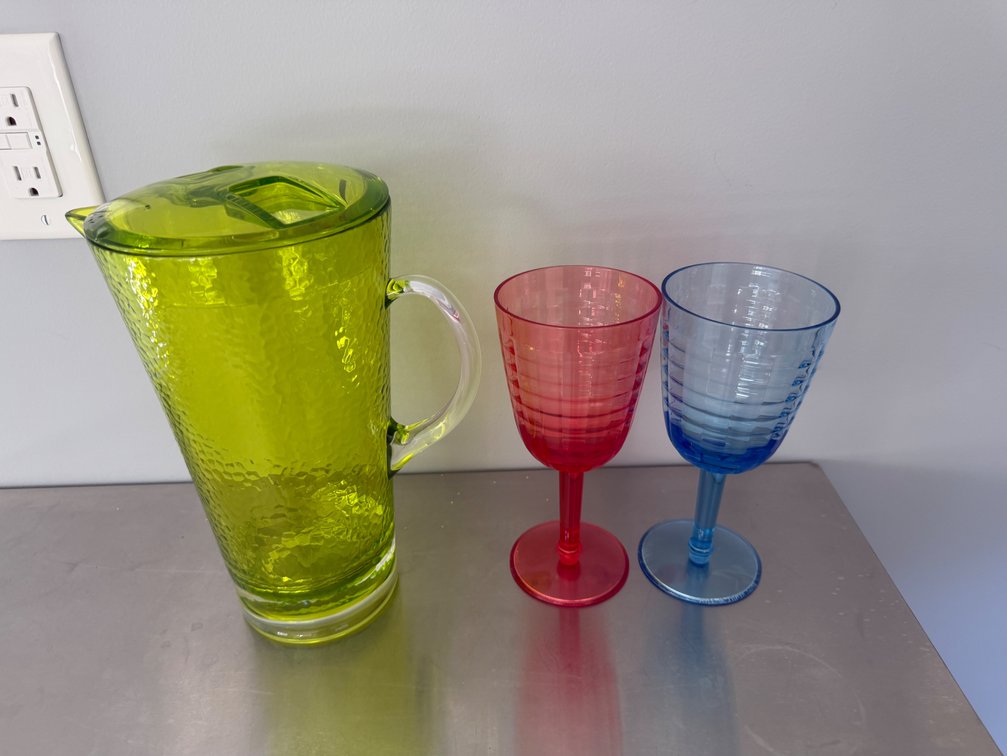 Chartreuse Pitcher with Lid and Two Stemmed Goblets