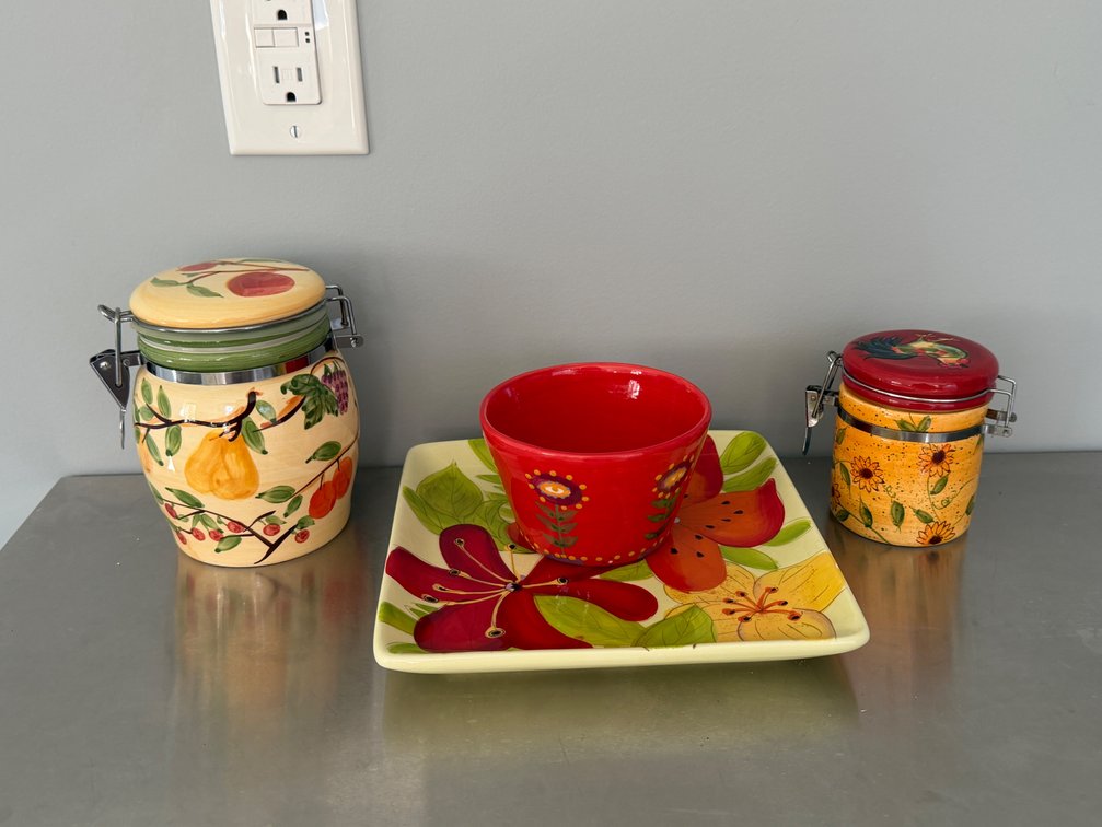 Glazed Ceramic Canisters, Platter, and Bowl