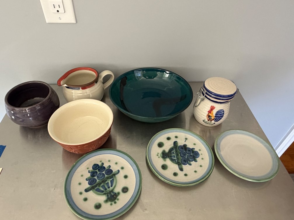 Ceramic Bowls, Pitcher, Canister, and Plates