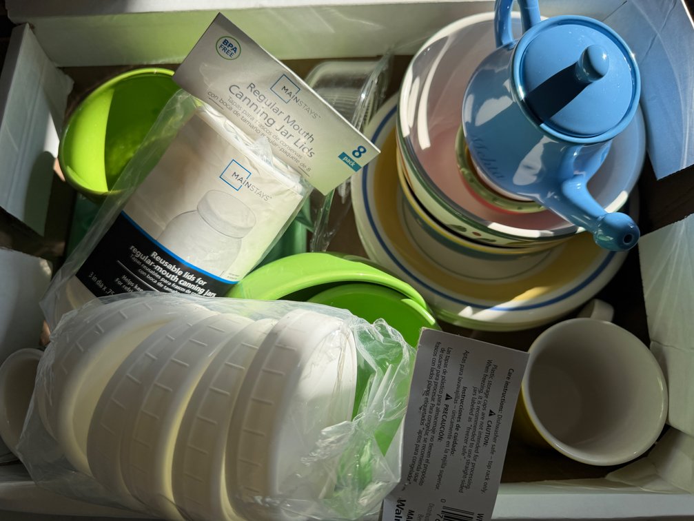 Ceramic Tableware, Mainstays Canning Lids, and Neti Pot