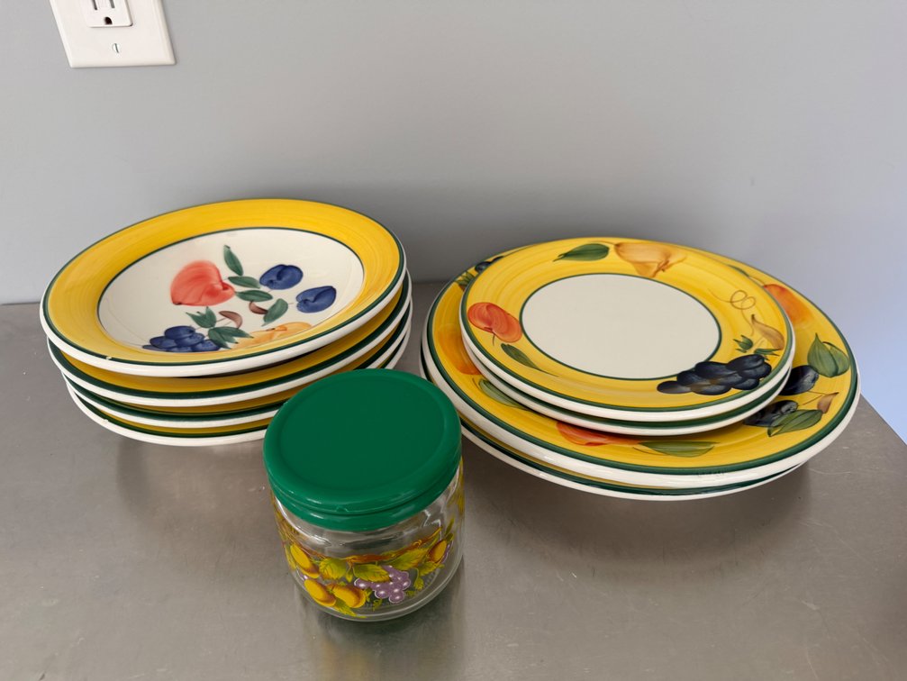 Ceramic Fruit-Motif Dinnerware and Glass Jar