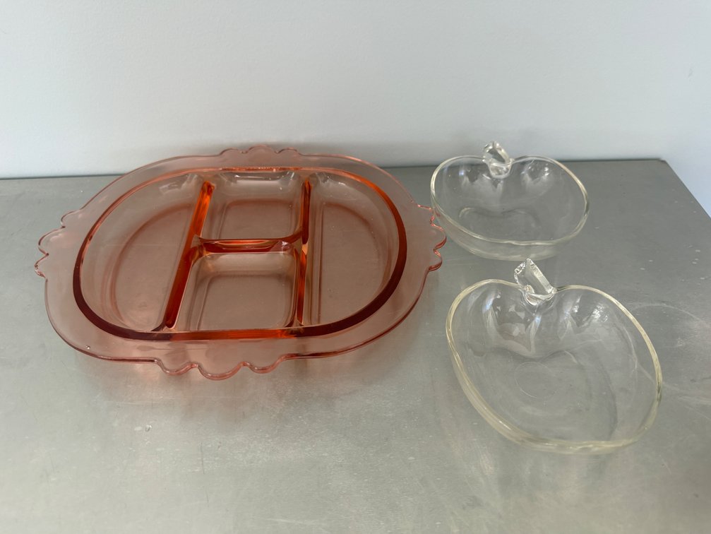 Pink Glass Divided Relish Tray and Clear Glass Apple Bowls