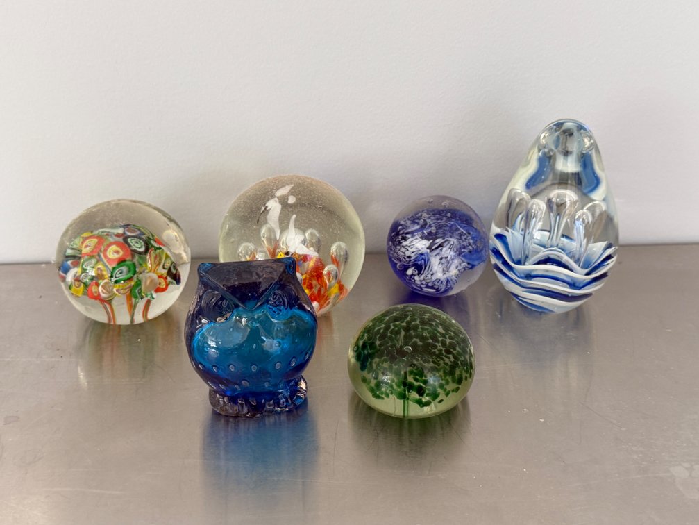 Art Glass Paperweights and Owl Figurine
