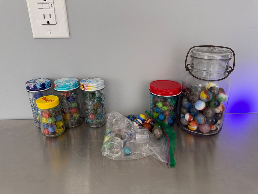 Glass Marbles in Glass Jars with Display Rings
