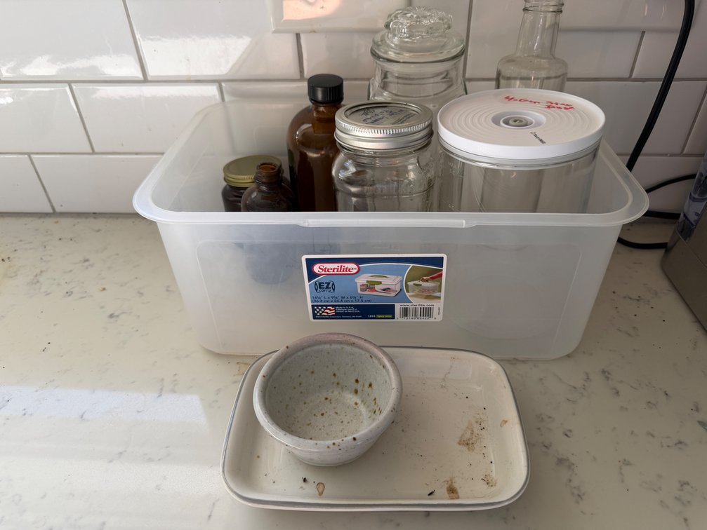 Glass Jars, Ceramic Dishes, and Sterilite Storage Bin