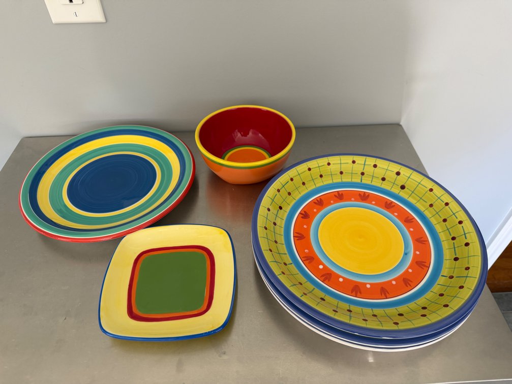 Multicolor Glazed Ceramic Plates and Bowl