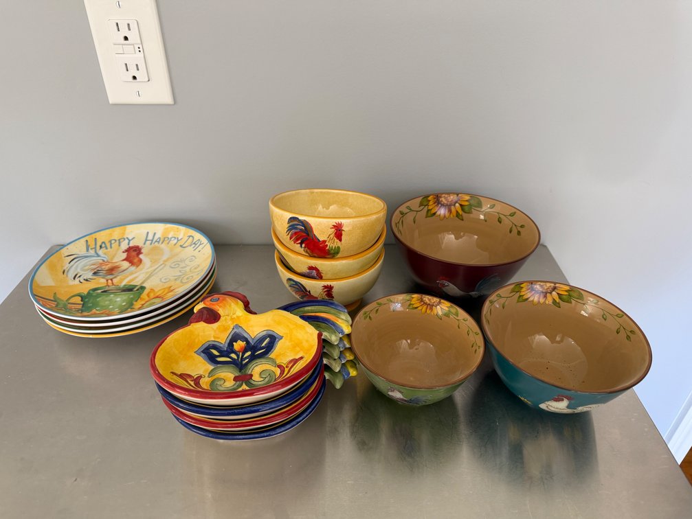 Ceramic Rooster and Sunflower Plates and Bowls