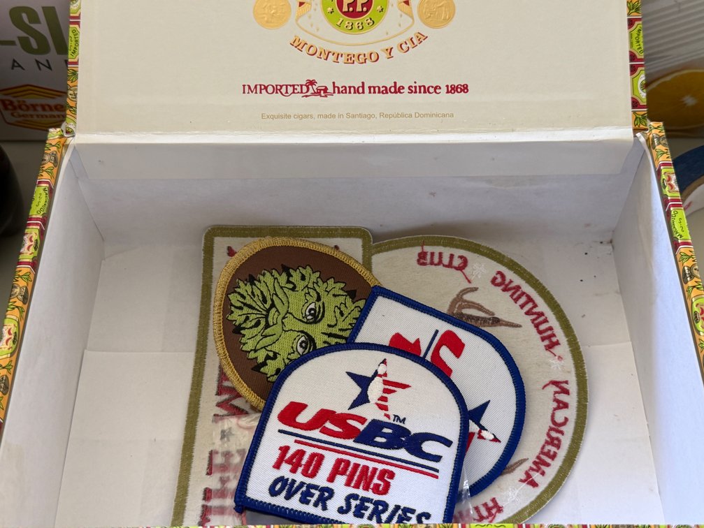 Embroidered Patches, Bowling Keychain, and Cigar Box
