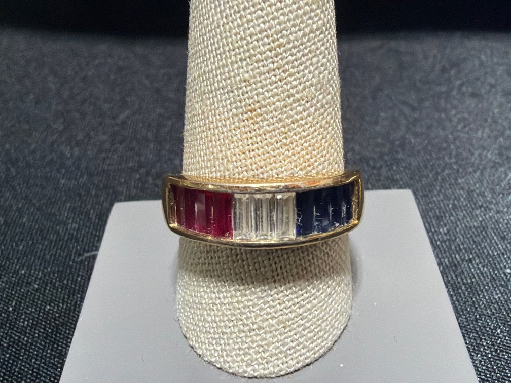 Gold-Tone Band Ring with Ruby, Clear, and Topaz Baguette Stones
