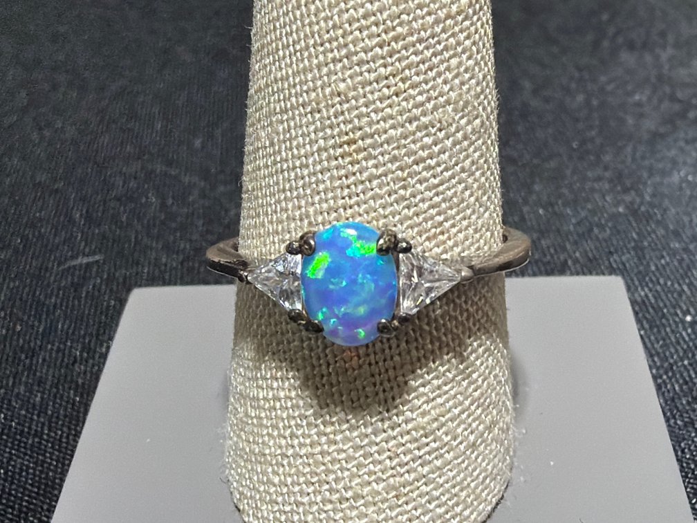 Sterling Silver Blue Opal and Clear Stone Ring