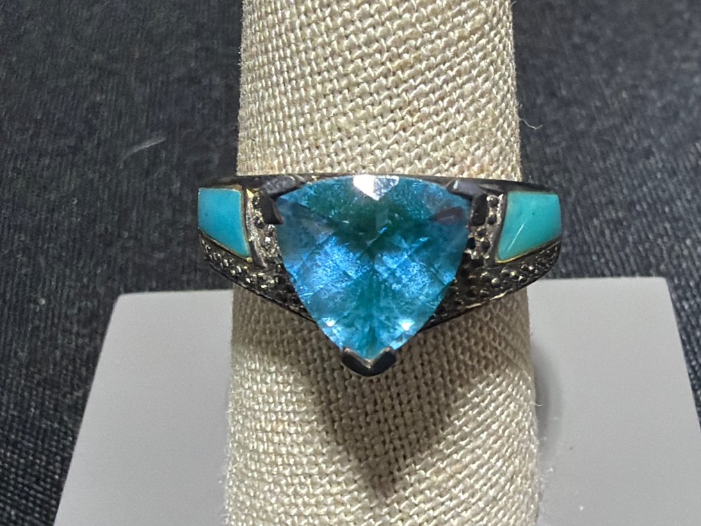 Sterling Silver Trillion-Cut Blue Topaz Stone and Turquoise Ring