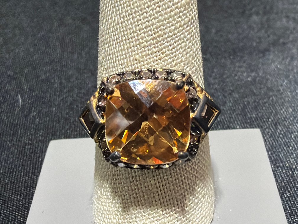 Gold-Tone 925 Silver Amber-Colored Cocktail Ring