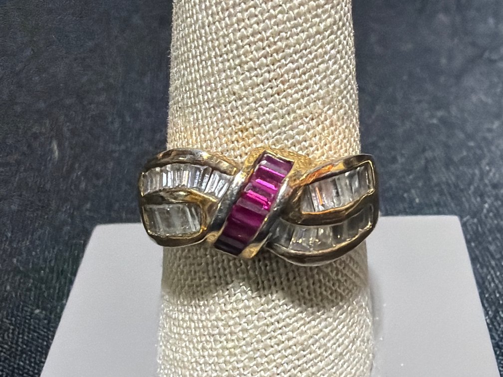 Gold-Tone Sterling Silver Crossover Topaz Baguette Ring