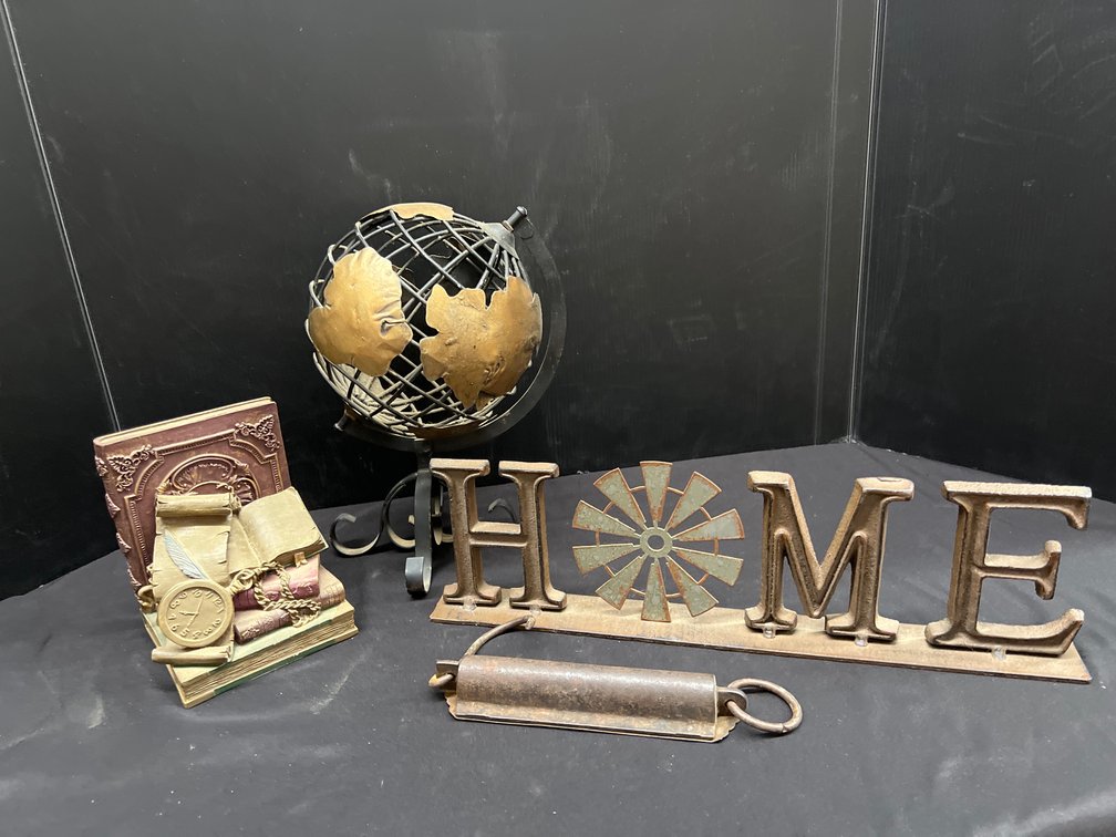 Metal Wireframe Globe, HOME Sign, Bookend, and Metal Fixture