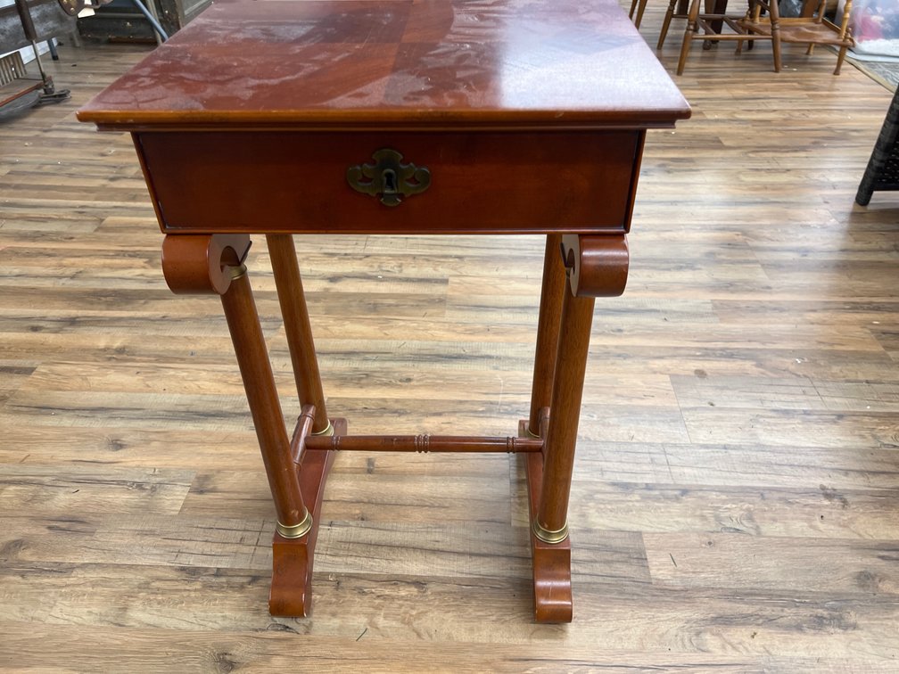 Wood Side Table with Drawer and Stretcher Base