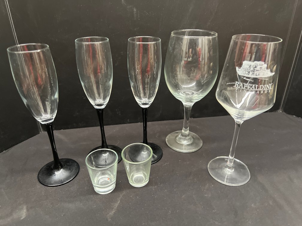 Champagne Flutes, Wine Glasses, and Shot Glasses