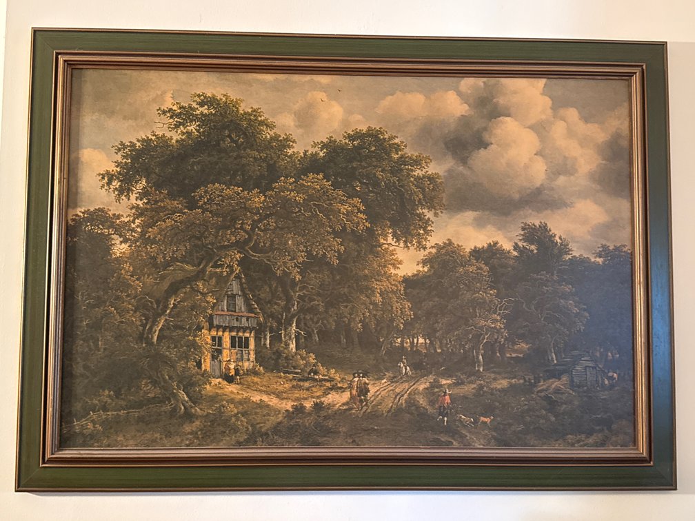 Framed Woodland Landscape with Cottage and Figures