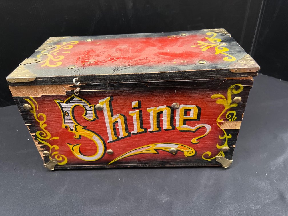 Painted Wooden Shoe Shine Box with Brushes