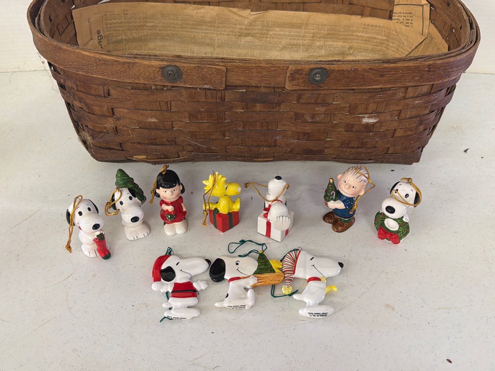 Ceramic Peanuts Holiday Ornaments and Woven Wood Splint Basket