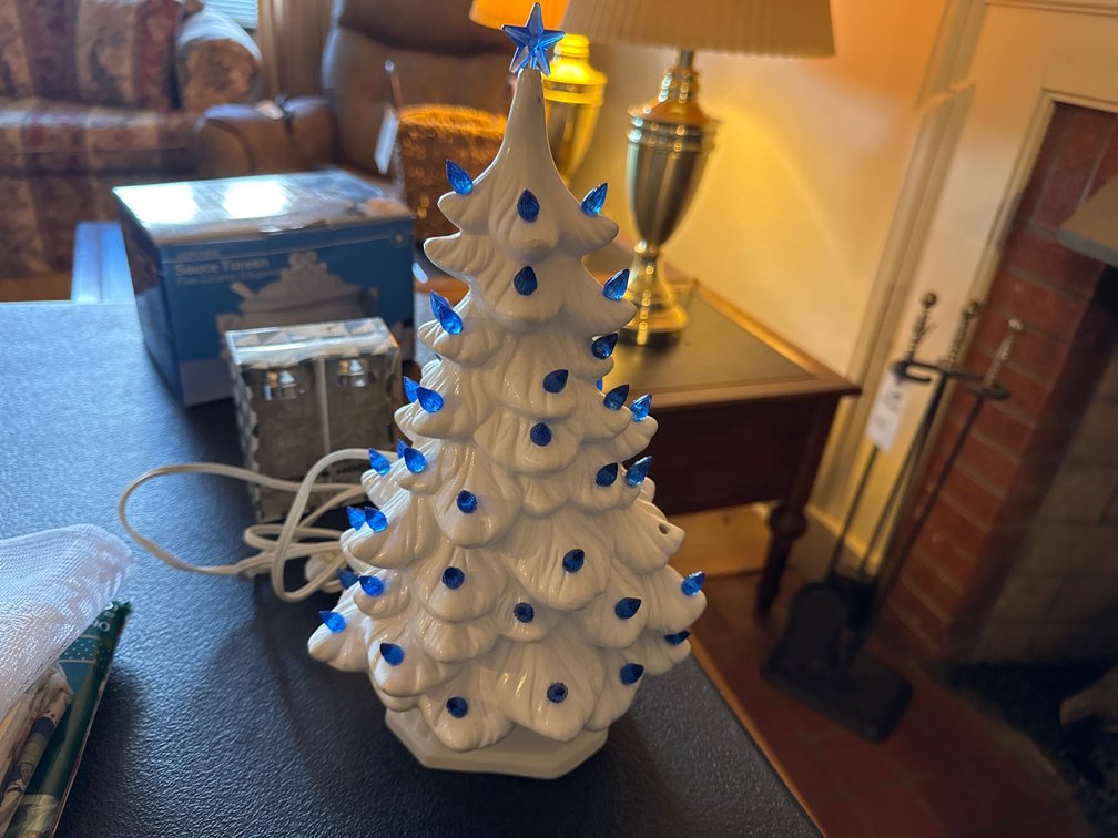 Lighted White Ceramic Christmas Tree with Blue Lights