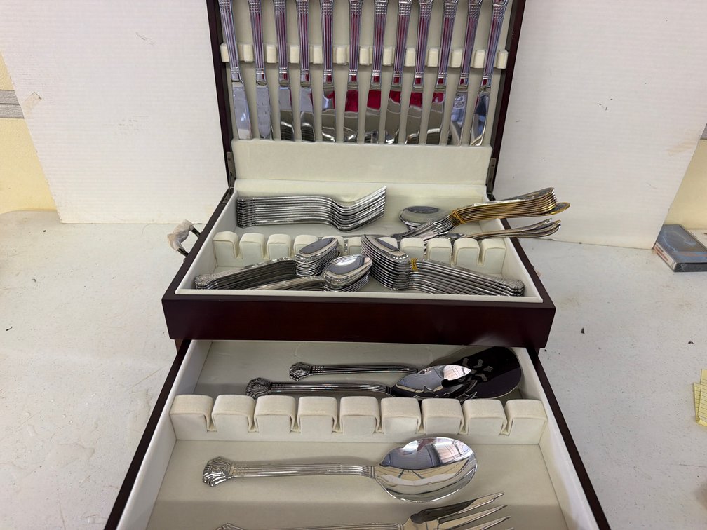 Wallace Silver-Tone Flatware Set in Wooden Storage Chest
