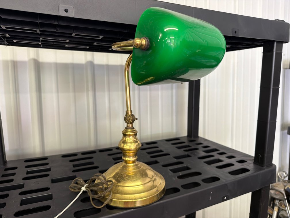 Brass Banker's Desk Lamp with Green Glass Shade