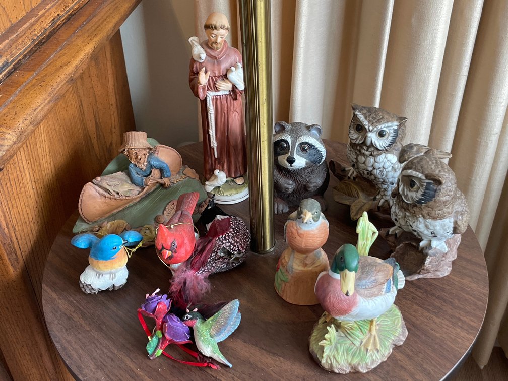 Bird and Wildlife Figurines, Saint Francis Statue, and Ornaments