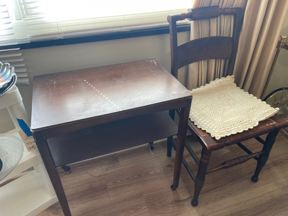 Wooden Two-Tier Rolling Table and Rush Seat Side Chair