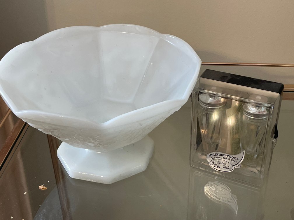 Milk Glass Compote Bowl and Salt and Pepper Shakers