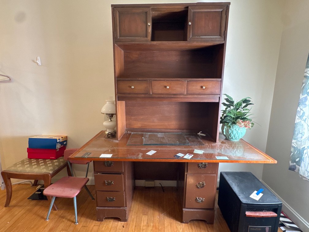 Wood Double-Pedestal Desk with Upper Hutch and Glass Top