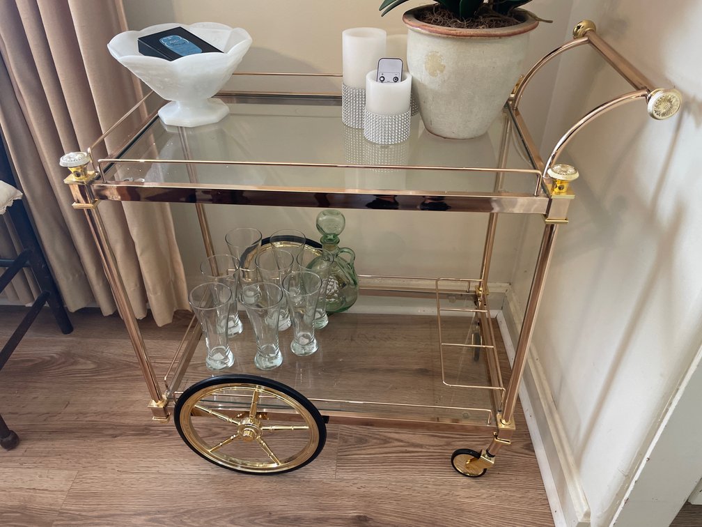 Two-Tier Gold-Tone Rolling Bar Cart with Glass Shelves