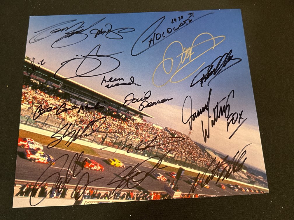 Autographed Racing Photograph and Memorabilia Display Sheet
