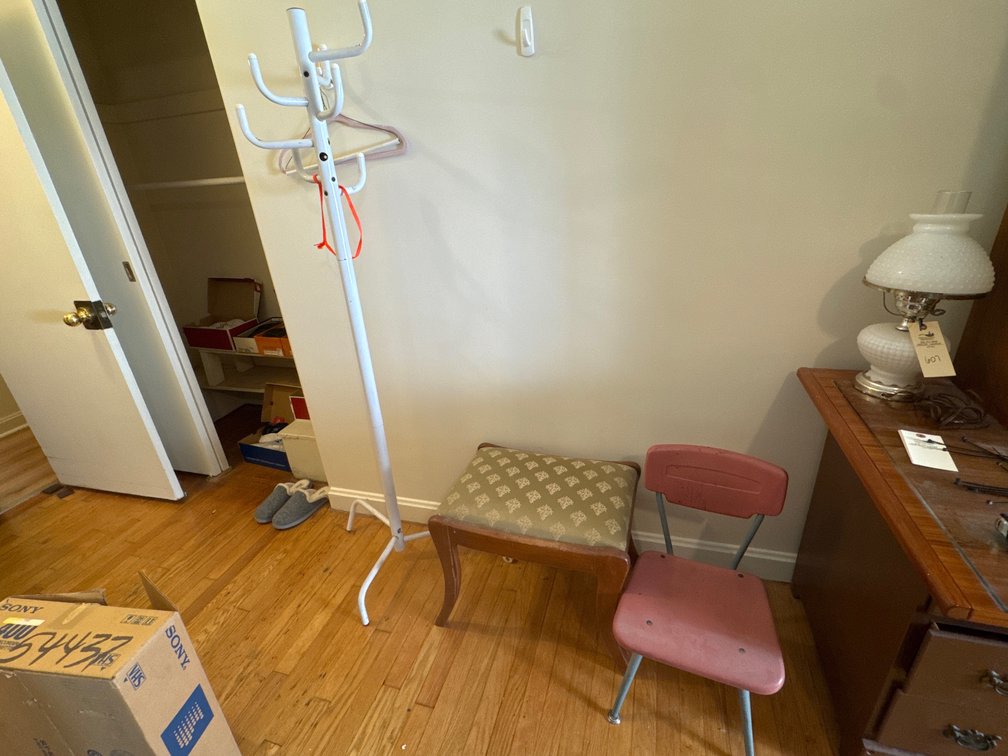 White Metal Coat Rack, Upholstered Footstool, and Child's Chair