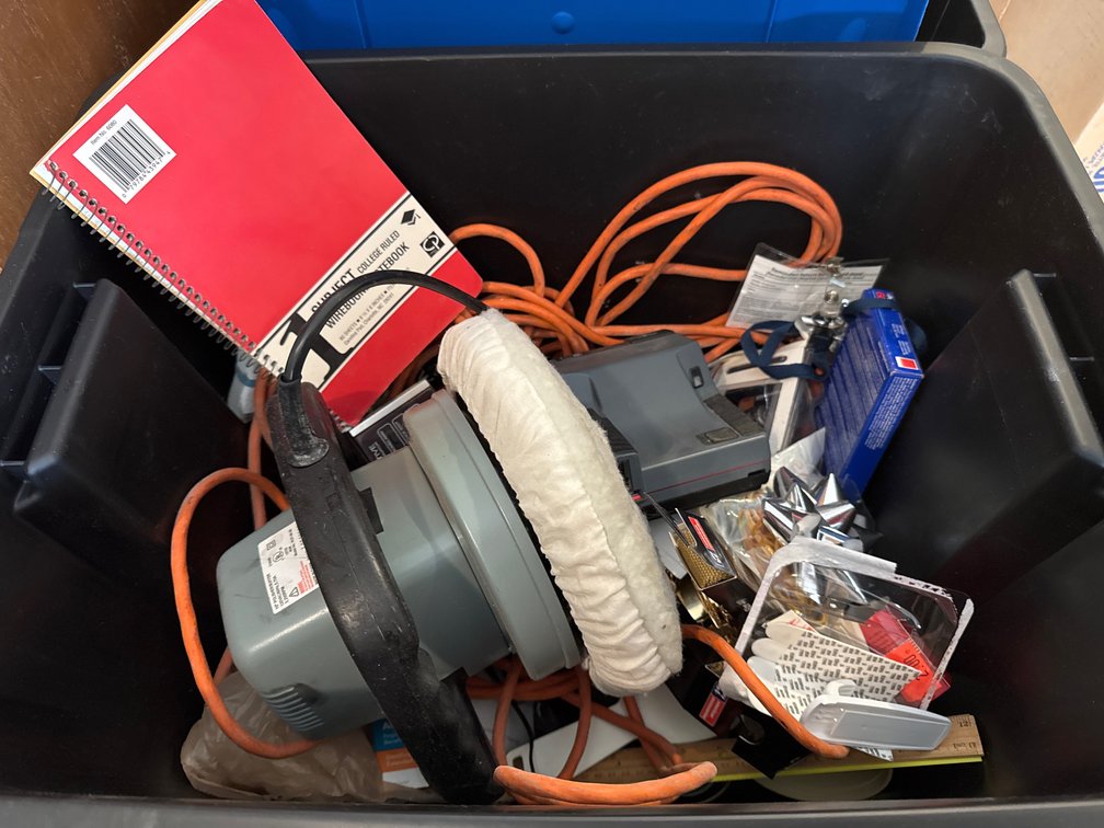 Electric Car Buffer, Polaroid Instant Camera, and Storage Totes