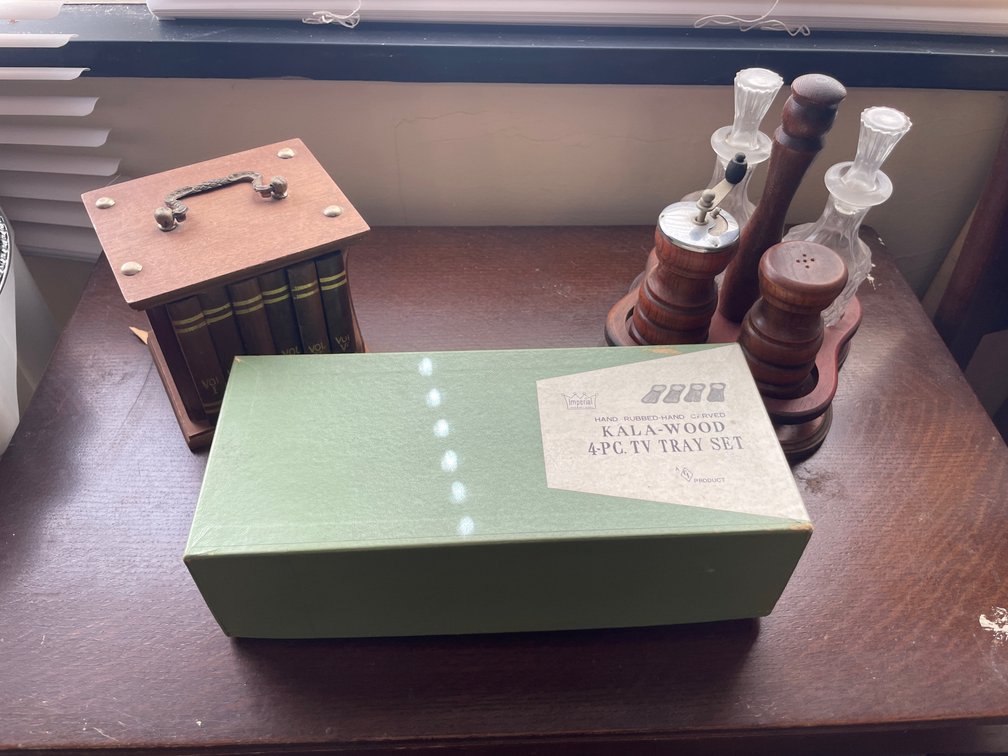Wooden TV Tray Set, Cruet Stand, and Coaster Caddy
