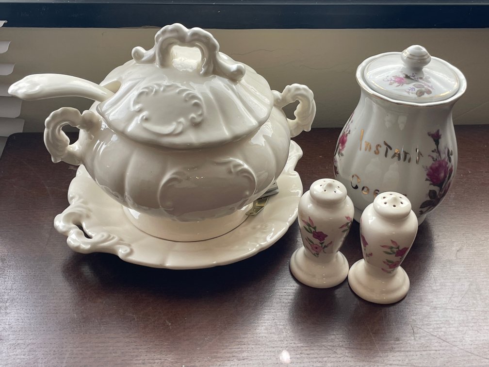 Ceramic Soup Tureen Set, Canister, and Salt and Pepper Shakers