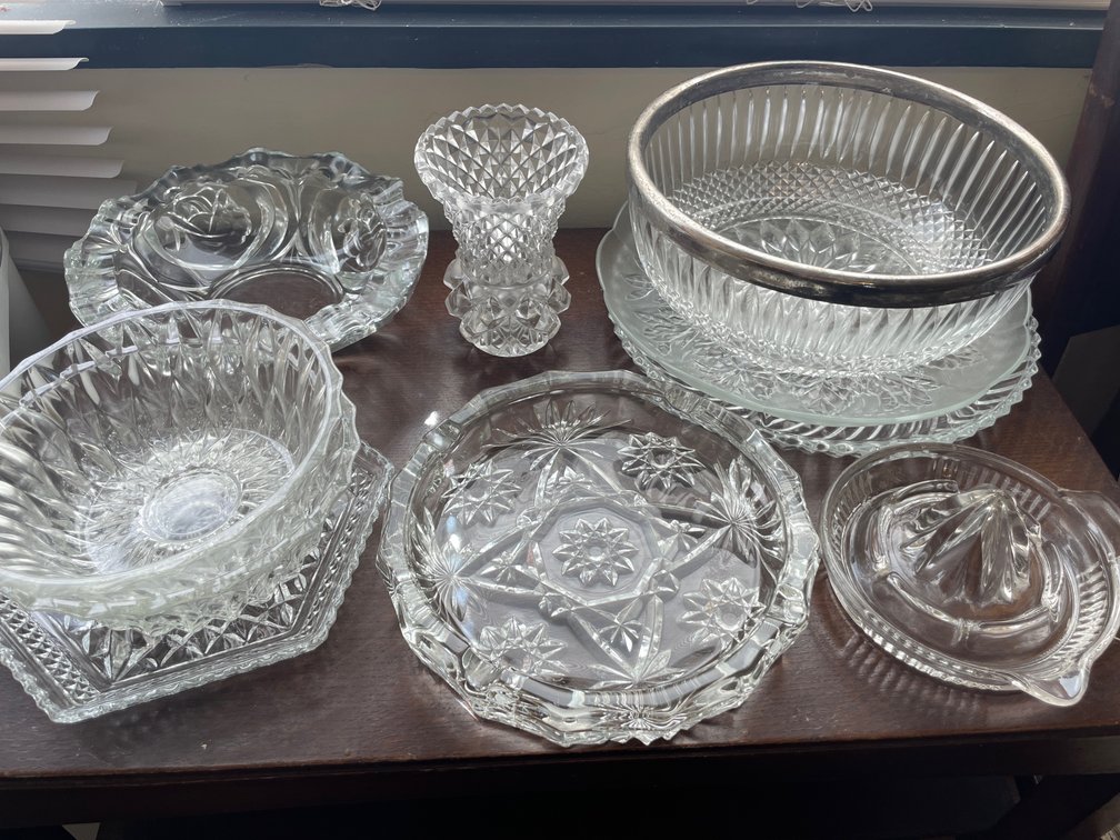 Clear Cut and Pressed Glass Bowls, Dishes, Juicer