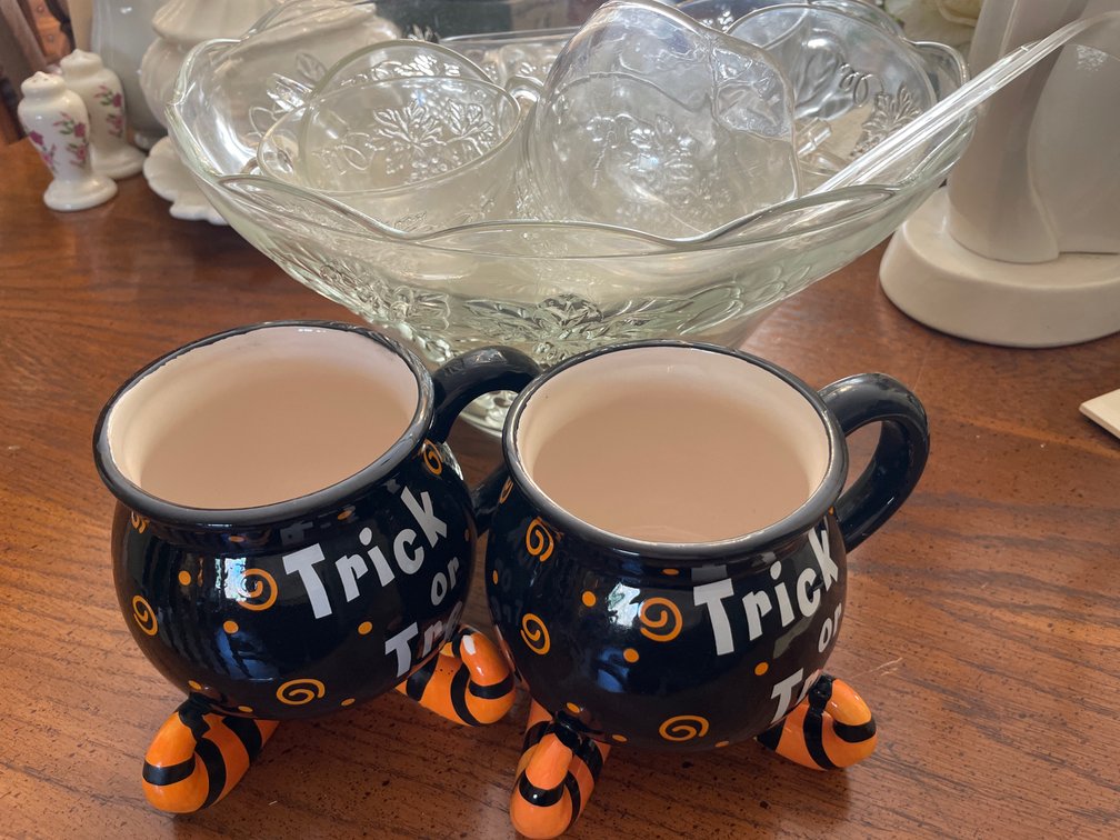 Pressed Glass Punch Bowl Set and Halloween Cauldron Mugs