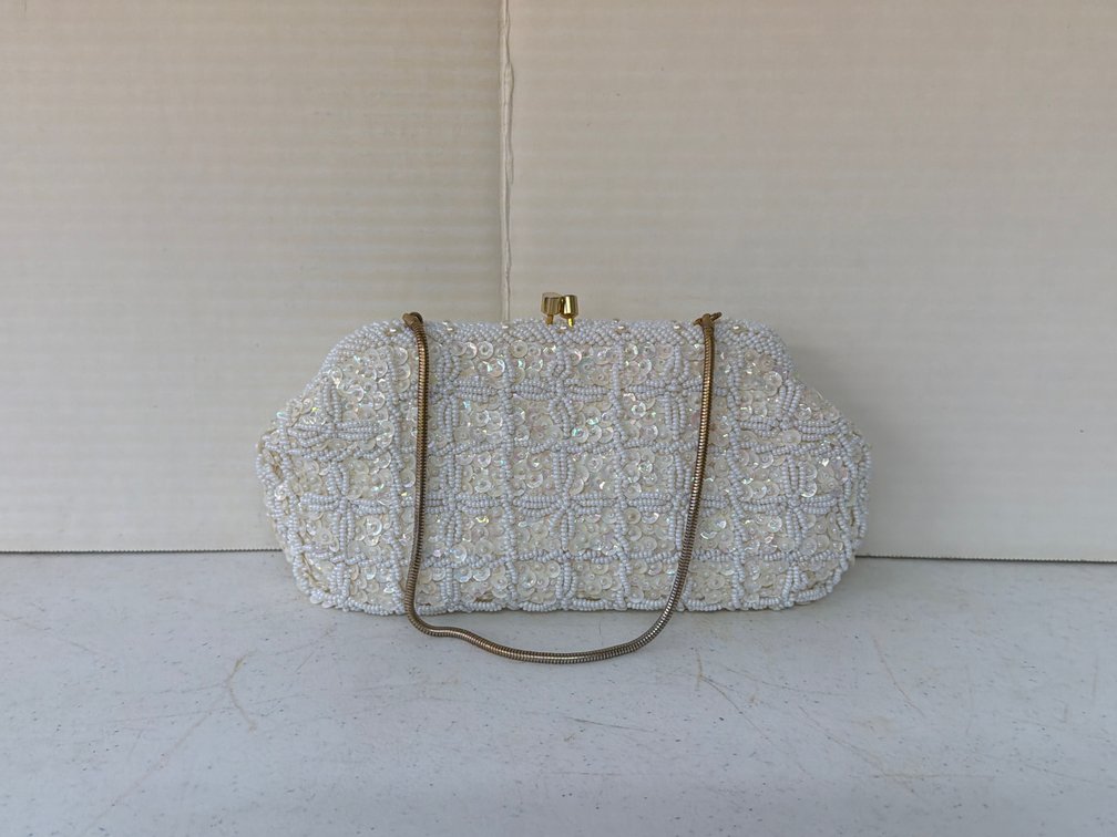 White Beaded and Sequined Evening Clutch Purse